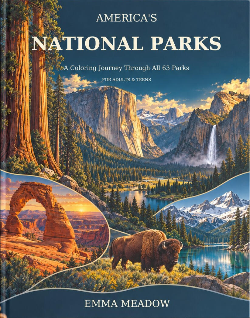 Emma Meadow’s America’s National Parks coloring book featuring national park landscapes, wildlife, mountains, waterfalls, and scenic nature artwork.