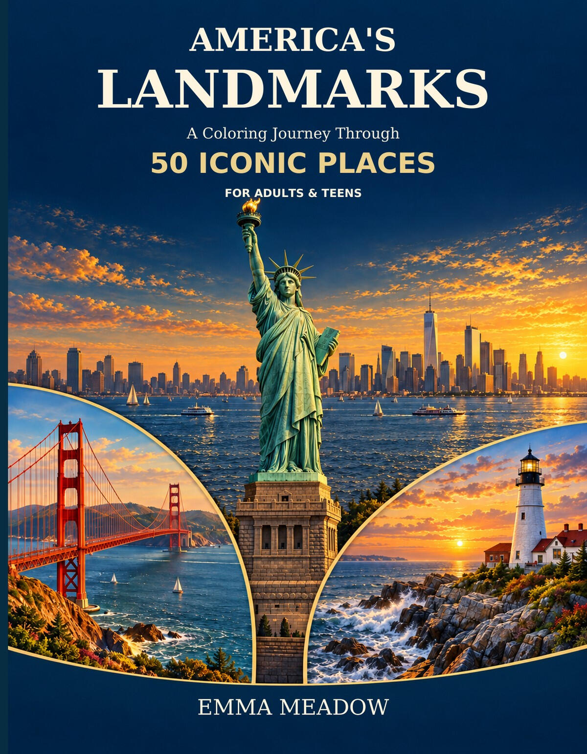 Emma Meadow's America's Landmarks coloring book featuring iconic American landmarks, historic places, and travel-inspired coloring content.
